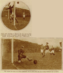 873863 Collage van 2 foto's betreffende de voetbalwedstrijd tussen Velox (Utrecht) en Baarn, op het sportterrein aan de ...